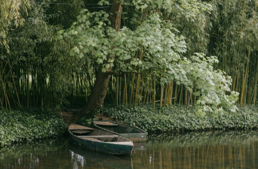 Peaceful scene of a pond with boats in Monet's garden at Giverny, France.